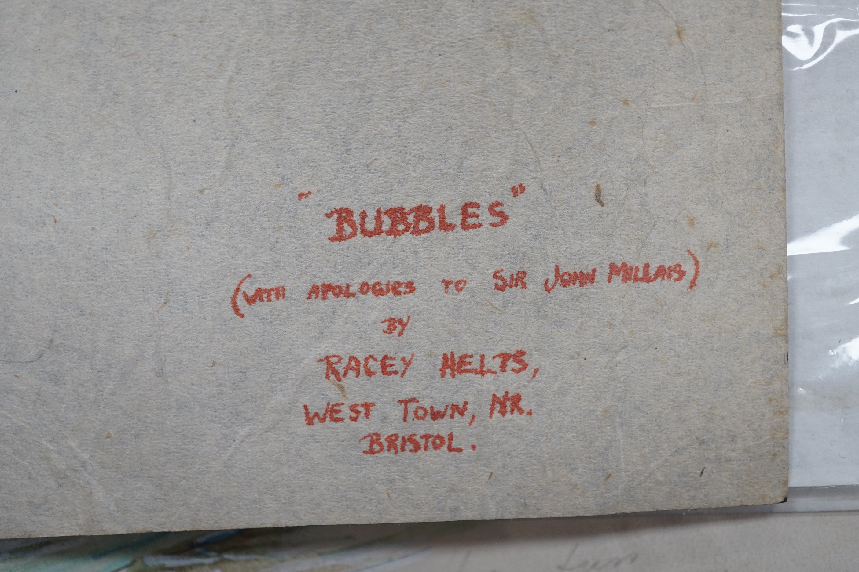 Angus Clifford Racey Helps (1913–1970), watercolour postcard design, Cat 'Bubbles', signed, 19 x 14cm, unframed